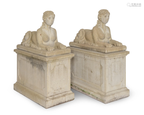 A Pair of Cast Stone Female Sphinxes on Pedes…