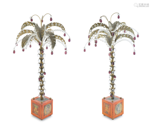 A Pair of Tole Peint Palm Trees Hung with Cle…