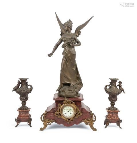 A French Cast Metal and Marble Clock Garniture
