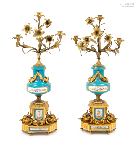 A Pair of Gilt Bronze and Sevres Style Porcelain