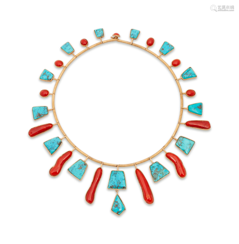 Gold, Turquoise, and Coral Collar Necklace dia…