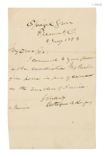 HAYES, Rutherford B. Autographed letter signed