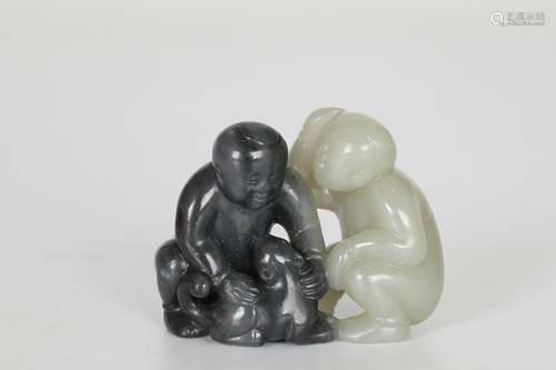 19th Hotan black and white jade figures