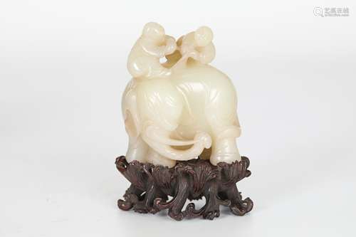 19th Hetian jade boy and elephant ornaments