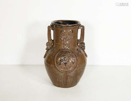 金元時期-磁州窯醬釉雙耳瓶
