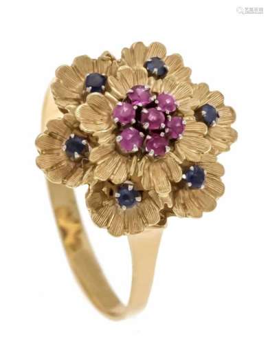 Ruby-sapphire ring GG 750/000 with 6 round fac. Sapphires and 7 round fac. Rubies 2 mm ingood
