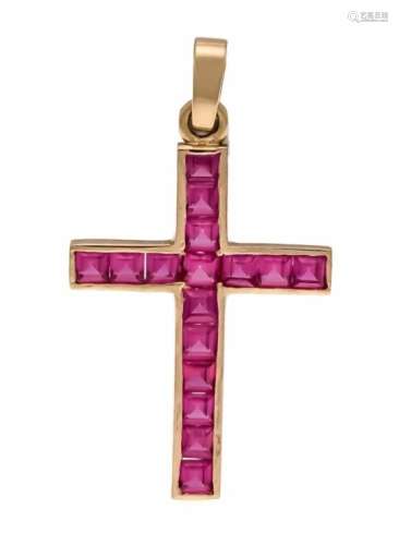 Ruby cross pendant GG 750/000 unmarked, expertized, with square faceted rubies 3.5 mm invery good