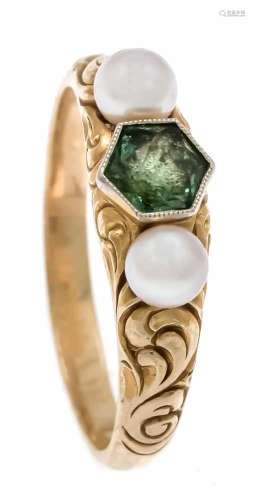 Emerald Akoya ring GG 585/000 with a fantasy cut fac. Emerald 5 mm and 2 Akoya pearls 4.5mm, ring