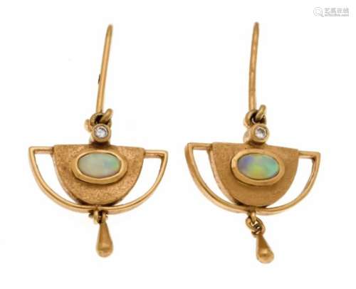 Opal-brilliant earrings GG 585/000 with 2 oval opal cabochons 5 x 3 mm and 2 diamonds, inaddition