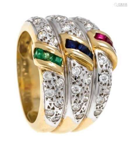 Sapphire-emerald-ruby ring GG / WG 585/000, each with 3 fac. Sapphire, emerald, rubycarrées 2 mm and