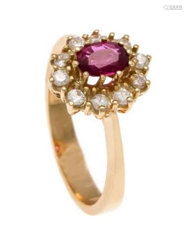 Ruby-Brilliant-Ring GG 585/000 with an oval fac. Ruby 6 x 4.5 mm in good color and 10diamonds, in