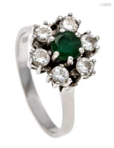 Emerald-brilliant ring WG 585/000 with a round faceted emerald 4 mm and 6 brilliant-cutdiamonds,