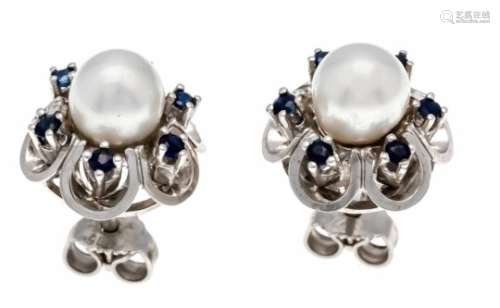 Akoya sapphire stud earrings WG 585/000, each with a fine Akoya pearl 6 mm and 6 roundfaced