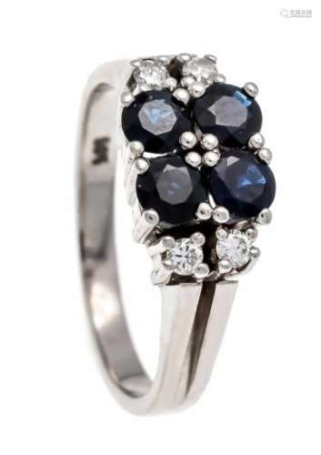 Sapphire brilliant ring WG 585/000 with 4 round faceted sapphires 4 mm in good color and