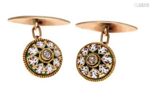 Enamel-diamond cufflinks GG / RG 750/000 unmarked, expertized, with 2 diamond roses 3 mmand