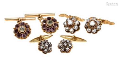 Mixed lot of 3 pairs of cufflinks GG / WG 750/000 unmarked, expertized, with white andviolet,