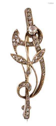 Diamond rose brooch GG 750/000 uncut, checked, with diamond roses 4 - 1.5 mm, L. 48.5 mm,6.5