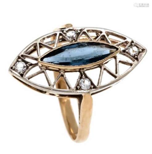 Ring GG / WG 750/000 unmarke, expertized, with a navette-shaped fac. Blue and round fac.,White