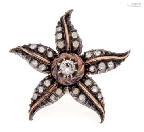 Flower brooch RG 750/000 and silver, unmarked, expertized, with white, round-facedgemstones,