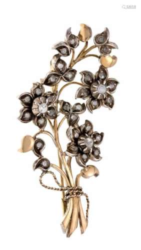 Flower brooch GG 750/000 unmarked, expertized, set with white faceted gemstone roses insilver, L. 62