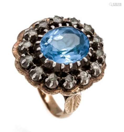 Antique ring GG 750/000 unmarked, expertized, with an oval fac. Blue gemstone 12 x 10 mm,slightly
