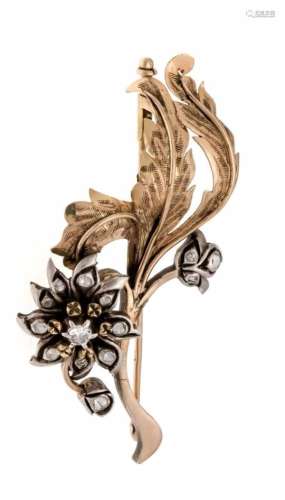Flower brooch GG 750/000 unmarked, expertized, with white fac. Gemstones, L. 58 mm, 10.6