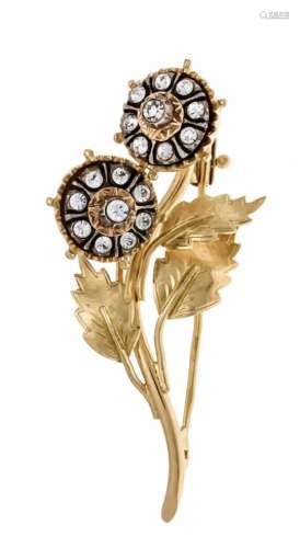 Flower brooch GG 750/000 unmarked, expertized, set with white round faceted gemstones insilver, L.
