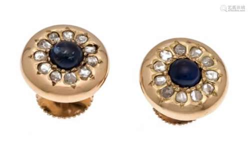 Brilliant sapphire stud earrings GG 750/000, unmarked, expertized, with 2 round sapphirecabochons