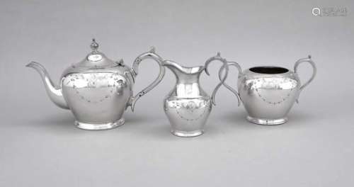 Three-piece tea service, England, 20th century, plated, round profiled stand, bulgy bodywith