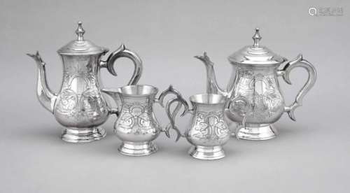Four-piece coffee and tea service, England, 20th cent., plated, on a round domed stand,smooth