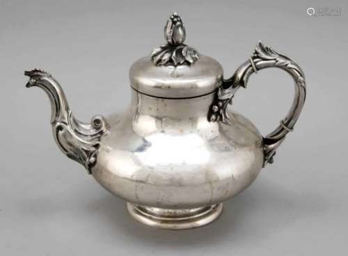 Teapot, probably German, late 19th century, hallmarked Strube & Sohn, silver 750/000,round domed