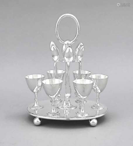 Eggcup set, England, 20th century, plated, oval stand on 4 ball feet, standing on it 6 eggcups (1