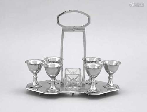 Art Deco eggcup set, around 1920/30, plated, angular stand on 6 feet, center handle,complete with