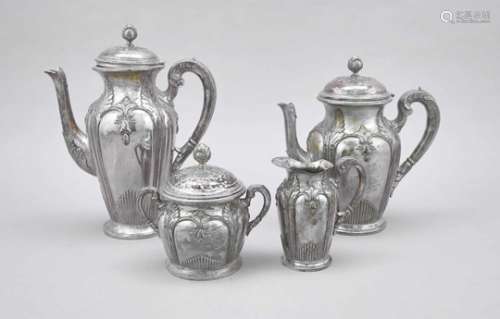 Four-piece coffee and tea set, around 1900, plated, round stand, body with widening wall,sidely