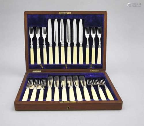 Fish and dessert cutlery for six persons, England, 20th century, blades and prongs plated,with