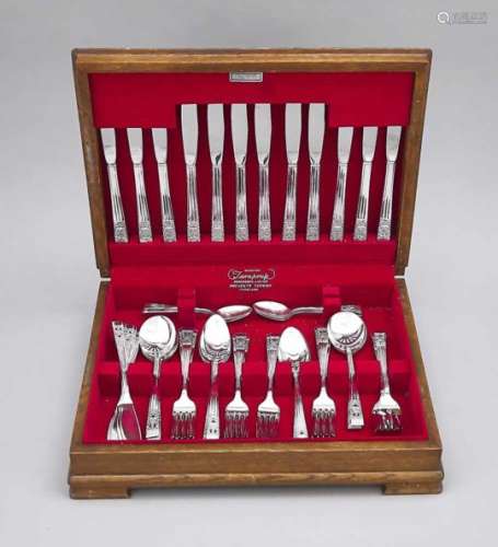 Cutlery for six persons, England, 20th century, plated, fluted handle, partly open worked,with