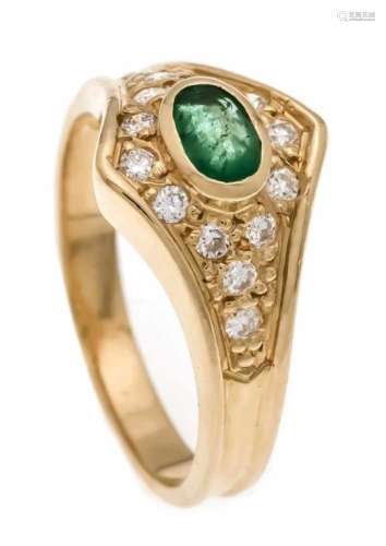 Emerald-Brilliant-Ring GG 750/000 unmarked, Expertized, with an oval faced emerald 5.5 x3.5 mm in