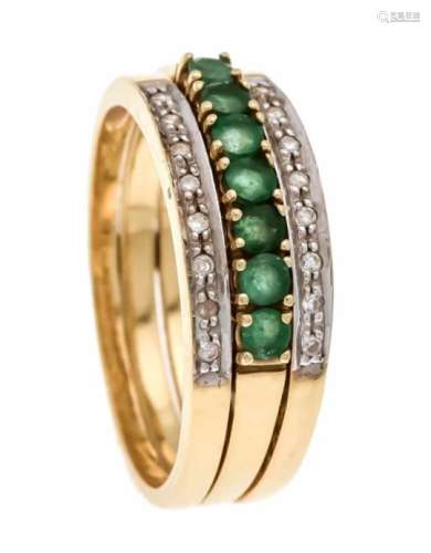 Emerald-brilliant ring GG / WG 750/000 with 7 round faceted emeralds 3 mm and 16brilliant-cut