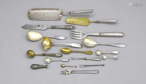 Ten pieces cutlery, 20th cent., silver various fineness, serving spoons, ladle, etc.,different