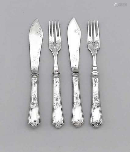 Fish cutlery for nine persons, German, 20th cent., hallmarked Koch & Bergfeld, Bremen,silver 800/