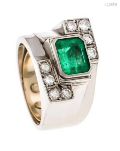 Emerald-Brilliant-Ring WG 585/000 with a fac. Emerald 7 x 6 mm in very good color and 8brilliant-cut