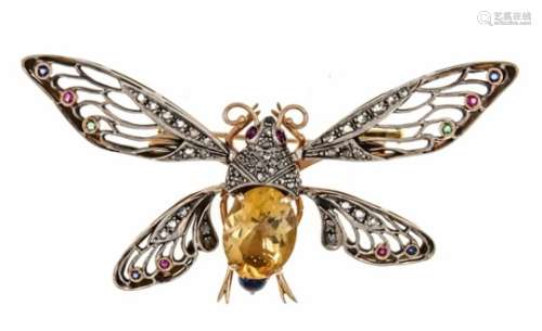 Sapphire-citrine-diamond rose brooch dragonfly gold and silver around 1900 with an ovalfac.
