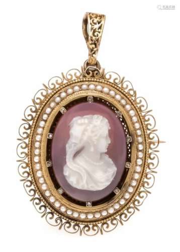 Gemmen pendant / brooch GG 585/000 around 1890 with an oval, very finely ground agate gem,bust of