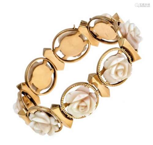 Coral bracelet GG 750/000 unmarked, Expertized, with 8 finely carved, white coral roses16.5 mm,