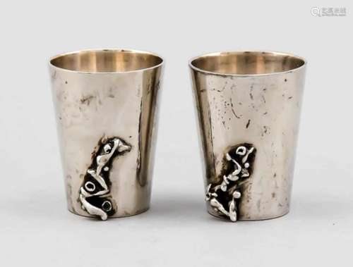 Two schnapps beakers, Denmark, 20th century, silver 830/000, conical shape, wall withapplied