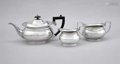 Three-piece tea set, England, 20th century, plated, oval stand, bulgy body, reliefdecoration rim,