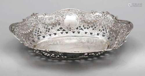 Oval bowl, German, 20th century, silver 800/000, smooth middle, broad, curved rimopenworked with