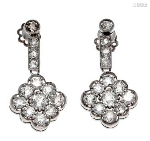 Old cut diamond earrings WG 585/000 (Russia 56 hallmarked) with old cut diamonds, totaling4.0 ct