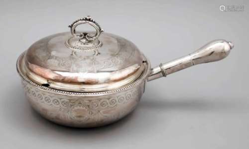 Large saucepan, around 1900, plated, smooth shape, pearl relief edge, domed lid withdecorated