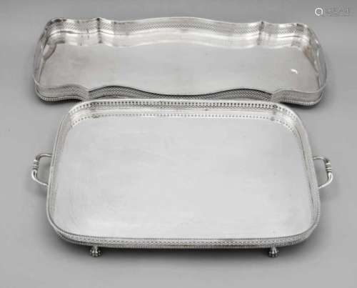 Two large trays, 20th century, plated, 1x rectangular, 1x with curved long sides, each on4 feet,